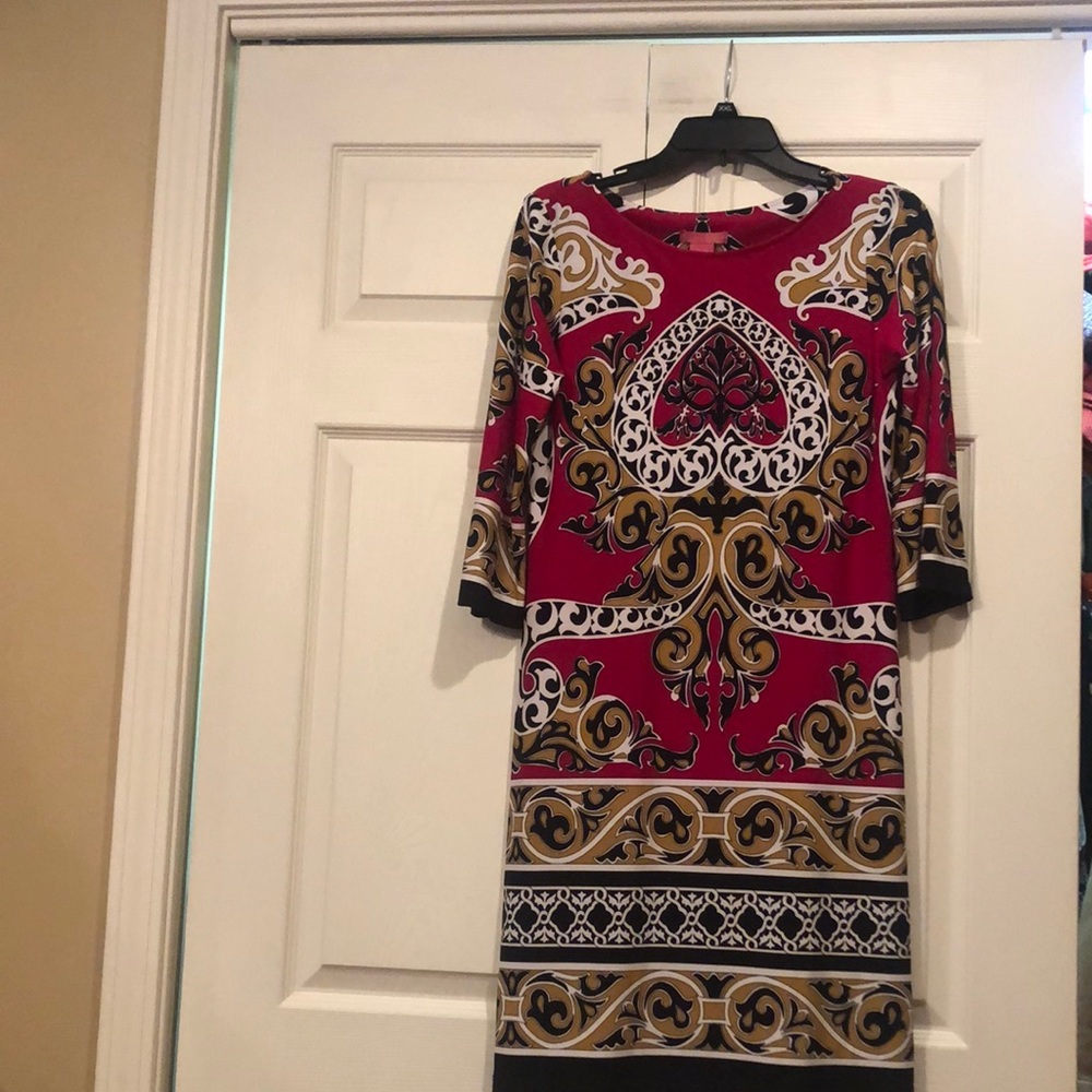 Sunny Leigh-Small-Beautiful Polyester/Spandex Dress - Red/Black/White/Gold Print